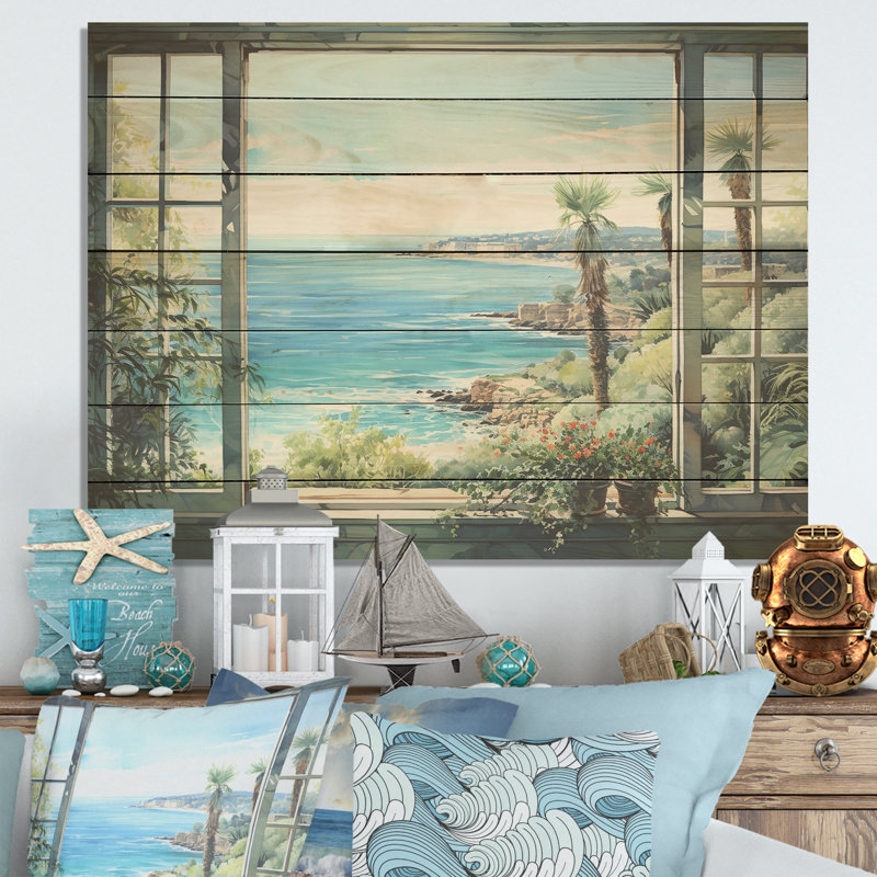 Seaside Tropical View II - Fenêtres côtières sur bois, H 10 po x l 20 po