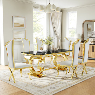 Modern Glass Dining Table Set With Tempered Glass Top, Stainless Steel G-Shaped Base, And High-Back PU Leather Chairs With X-Legs