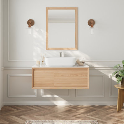 Tapis de salle de bain moderne 47,64 po avec armoires en bois clair, meubles-lavabos muraux avec lavabo blanc, sans assemblage