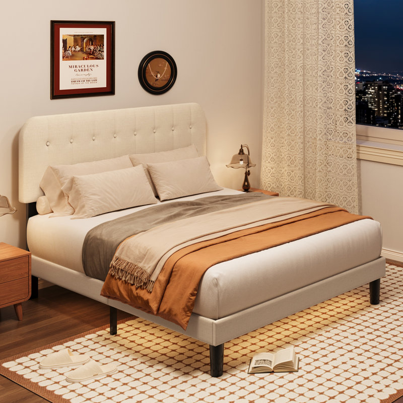 Gizoon Tufted Headboard Bed: Wood & Metal Upholstered Low Profile Design + Adjustable tufted headboard, White, Full / Double