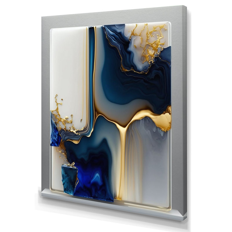 Géode abstraite dorée et bleue, forme I - art mural abstrait en marbre, L 12 po x H 20 po, Toile tendue
