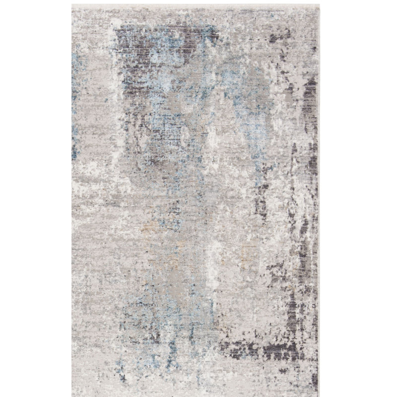 Tapis gris / bleu / ivoire tissé à la machine, Carré 6 pi 7 po