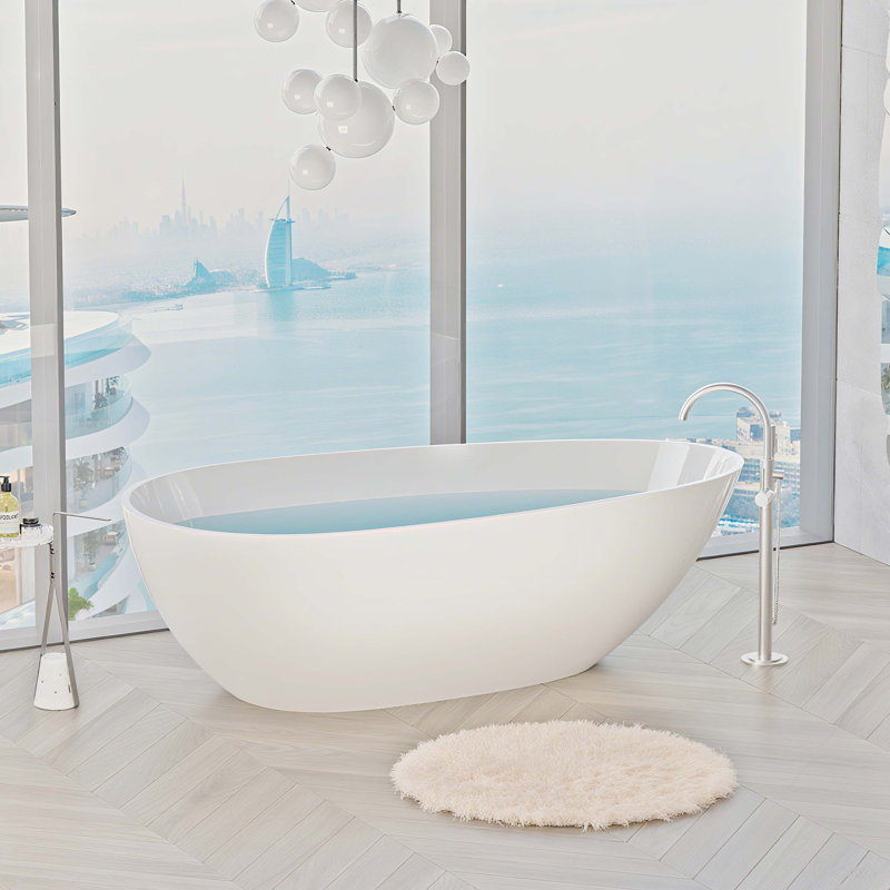 Freestanding Solid Surface Bathtub, Luxury Engineered Stone Resin Freestanding Soaking Bathtub With Overflow And Pop-Up Drain For Contemporary Bathroom, Glossy White