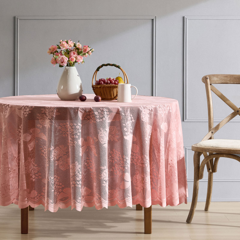 August Grove® Dearia Floral Lace Fabric Tablecloth, Lace Fabric Table Cloth for Round Tables, Wrinkle Resistant Tablecloth, Patterned Scalloped Tablecloth (Round)