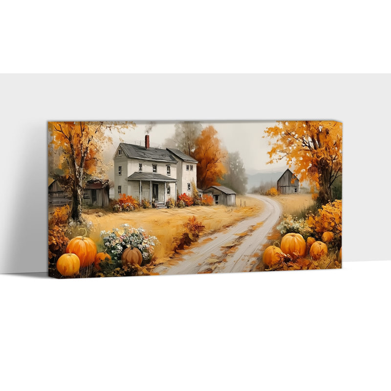 Toile d'automne, art mural d'automne, maison de campagne d'automne avec citrouille, H 12 po x l 24 po