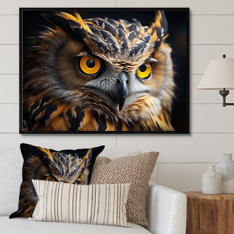 Portrait d'un hibou jaune - impression, H 12 po x l 20 po x P 1 po, Cadre flottant noir