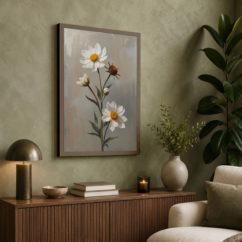Daisies and Wanderer Botanical - Wrapped Canvas, 30x20 - 76.2 x 50.8 cm, Terracotta Border