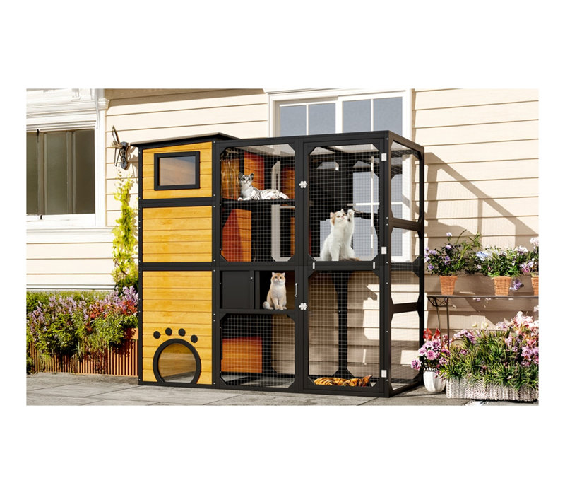Grand Catio d'extérieur avec accès à la fenêtre - 4 niveaux pour chats, bois de pin résistant aux intempéries et filet métallique