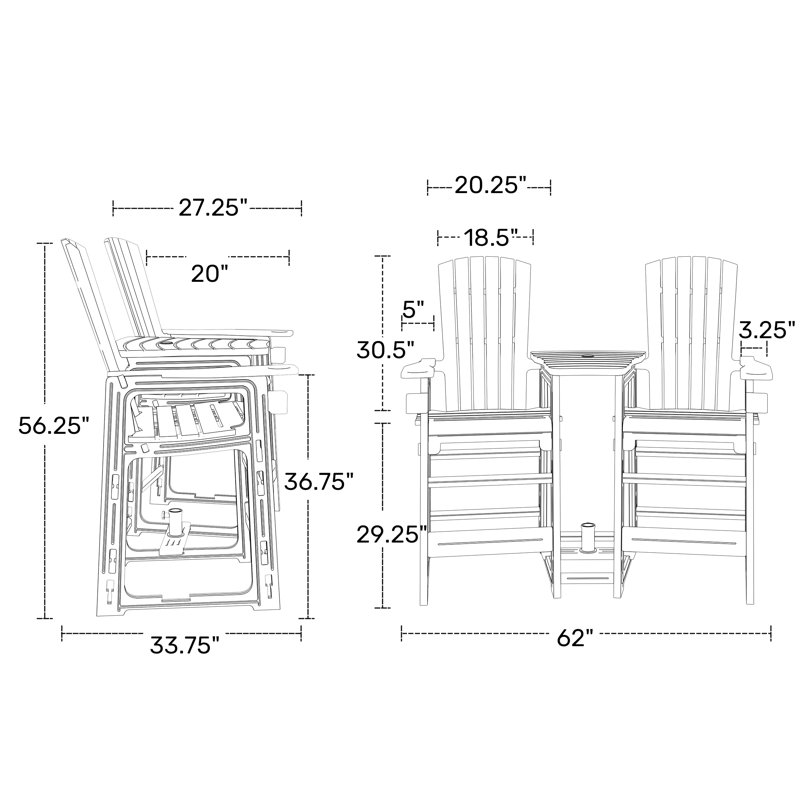 Ensemble de chaises de bar d'extérieur en poly avec plateau de connexion et porte-gobelet, Bleu