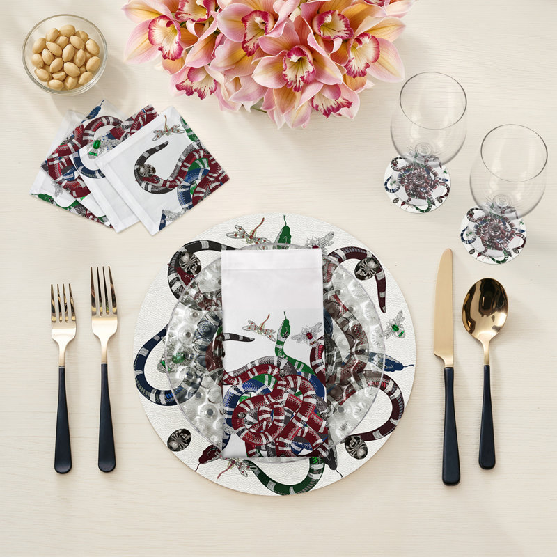 Ouroboros Vegan Leather Round Beaded Placemat, White