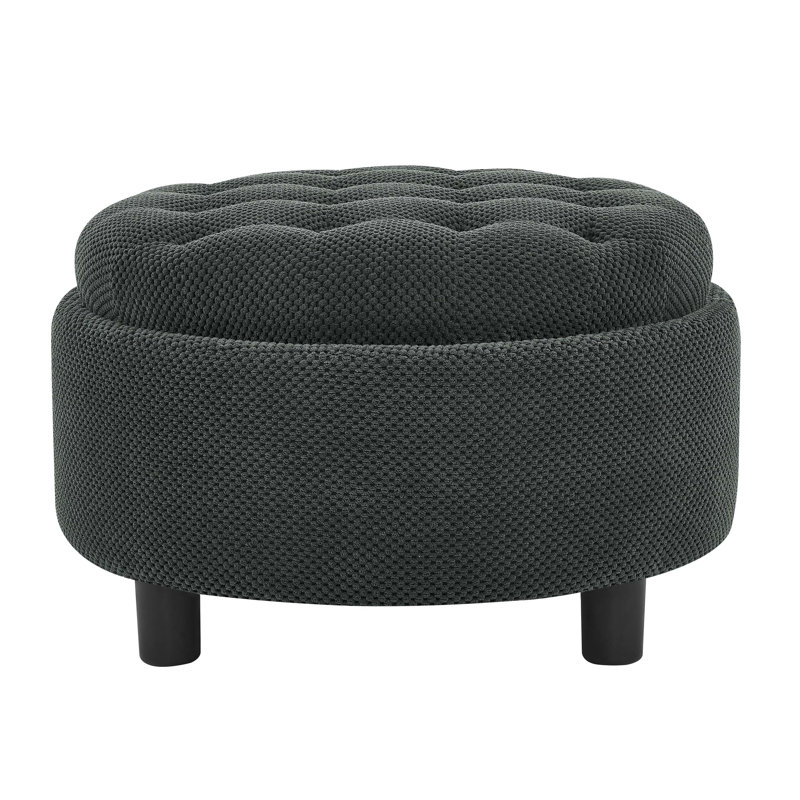 Repose-pieds de rangement rond de 25 pouces avec plateau en bois amovible, table basse moderne en tissu capitonné offrant un rangement dissimulé et deux fonctions de repose-pieds ou de table d'appoint.