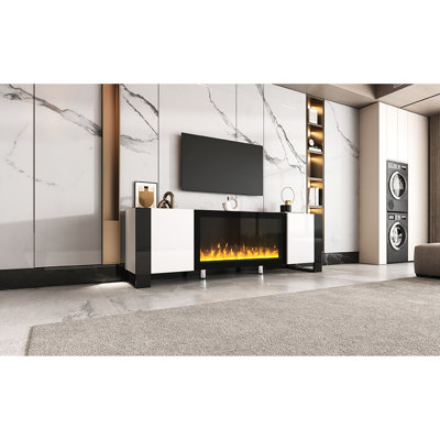 Modern White Tv Cabinet With 34.2" Electric Fireplace, High Gloss Entertainment Center For 78" Tvs, 2 Cabinets Storage Stabilization Electronic Stand White, Enhancement