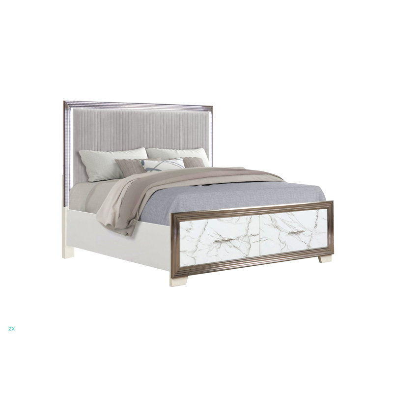 Grand lit - Tête de lit tapissier à DEL avec rangement et garniture de pied de lit à motif de marbre pour une chambre à coucher chic et moderne
