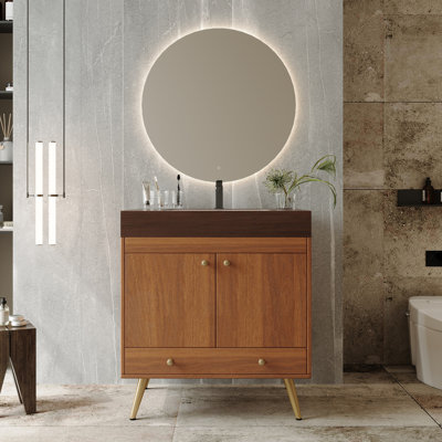 Meuble-lavabo autoportant de style Mid-Century avec comptoir en faux marbre et lavabo en céramique, armoire de rangement à double porte de 30 po, bois d'ingénierie imperméable, pieds dorés