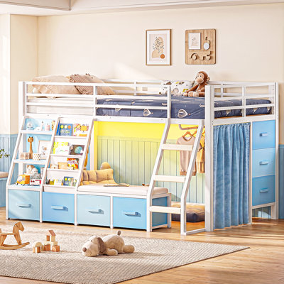 Low Loft Bed with Built-in Cushioned Seat & LED Reading Corner & 7 Storage Drawers & Bookshelves Metal Under-bed Play House Captain Bed with Curtain