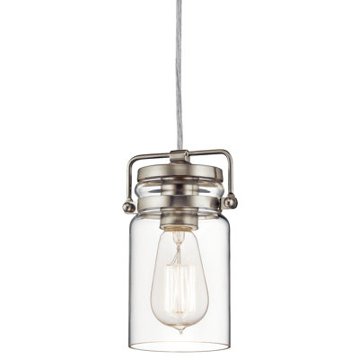 Suspension Sue en nickel brossé à une lumière avec abat-jour en verre transparent de type pot Mason