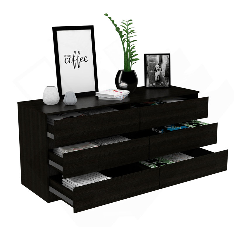 Commode double à six tiroirs Seul, plateau supérieur, Noir