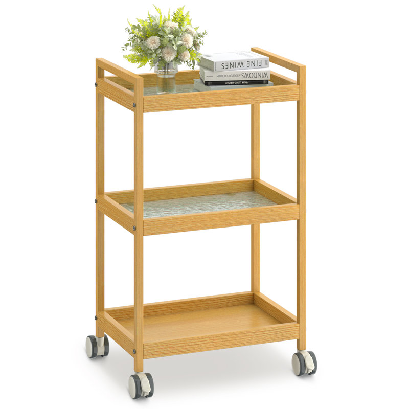 3-Tier Glass Utility Cart Rolling Metal Storage Organizer with Wheels, Brown