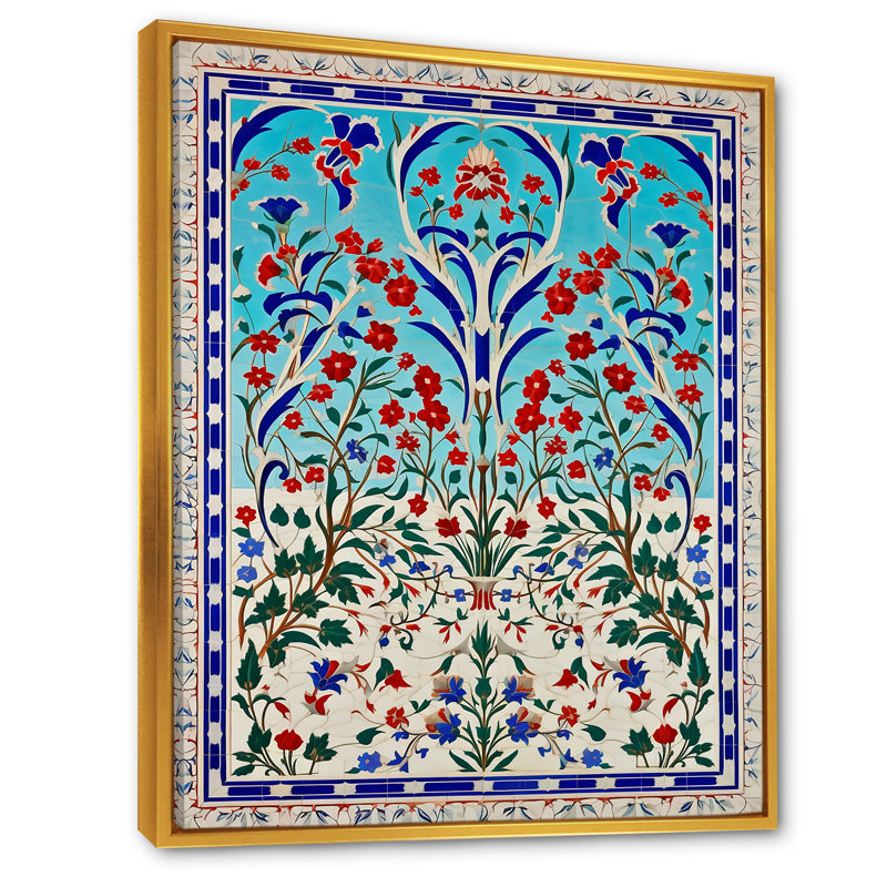 Carreaux bleus marocain, porte I - art mural abstrait, Cadre flottant doré, H 32 po x l 24 po x P 1 po