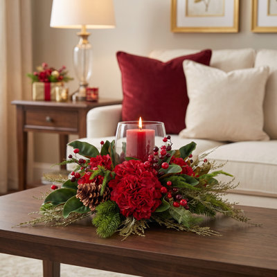 Holiday Candle Holder with Evergreen and Hydrangeas