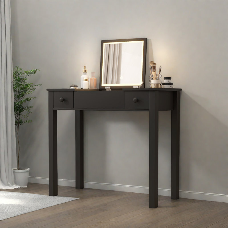 Bureau de coiffeuse multifonctionnel avec éclairage réglable à 3 niveaux avec miroir rabattable et rangement Table de maquillage profonde 15,75 po 2 tiroirs et 3 boîtes de rangement amovibles Bureau à domicile compact