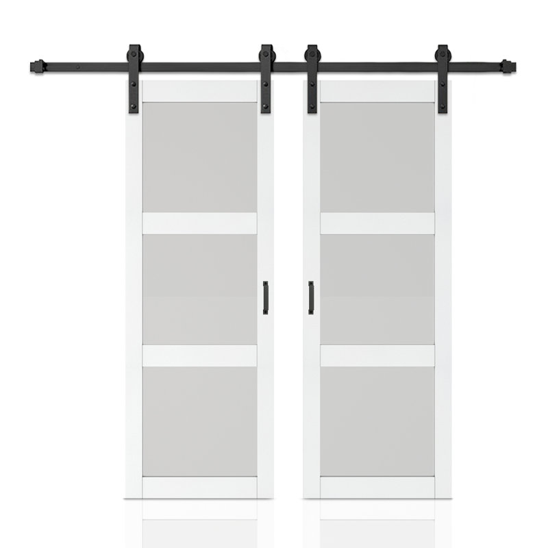 Porte de grange coulissante double en verre trempé givré 3-Lite avec poignée, 48 po x 84 po, Blanc