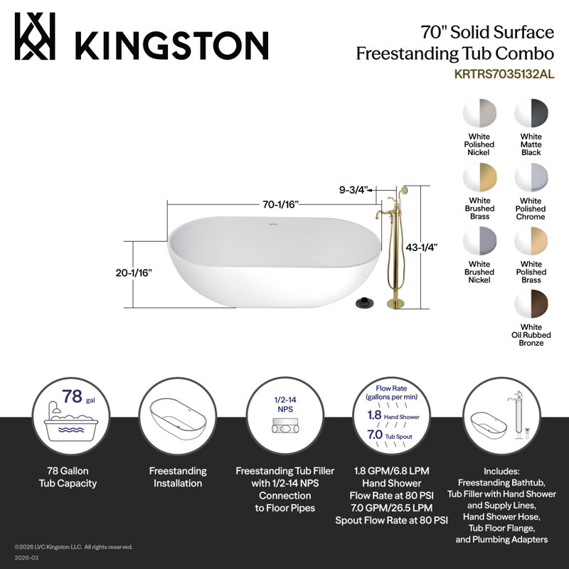 Baignoire autoportante ovale à deux extrémités de surface solide de 70 pouces avec robinet et drain Kingstonstone
