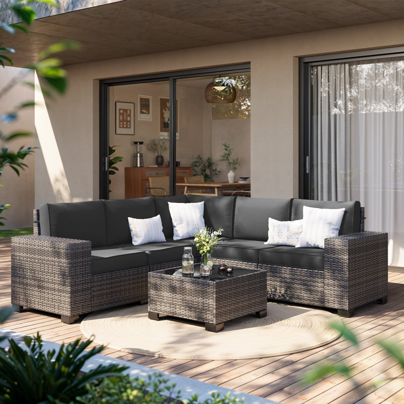 Earling 5 - Person Modular Wide Armrest Outdoor Rattan Sectional Seating Group, Black/Gray