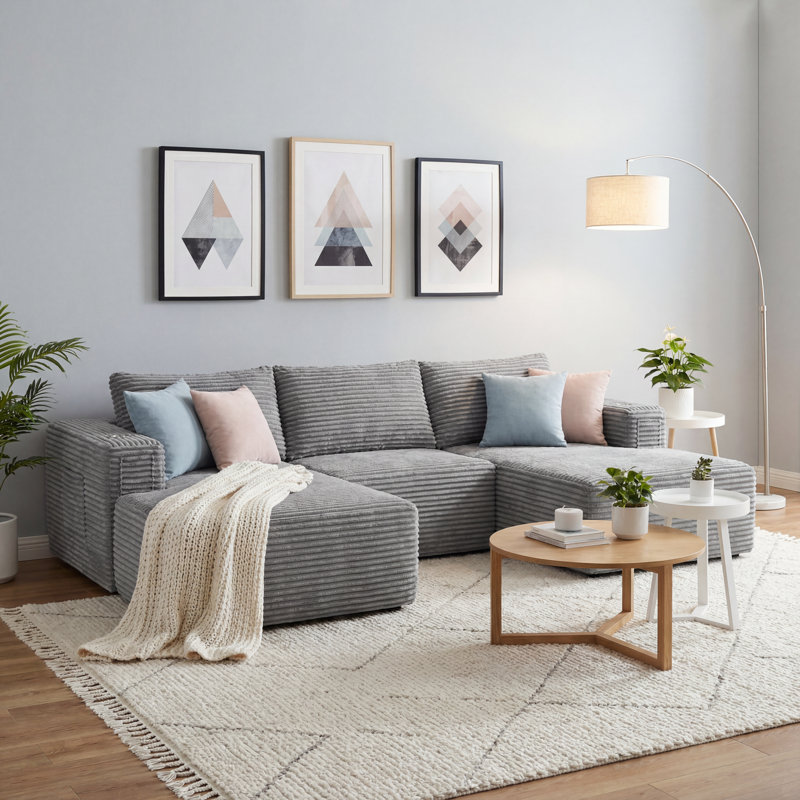 Canapé modulaire en L 108 po avec méridienne 108 po, Velours côtelé gris pâle
