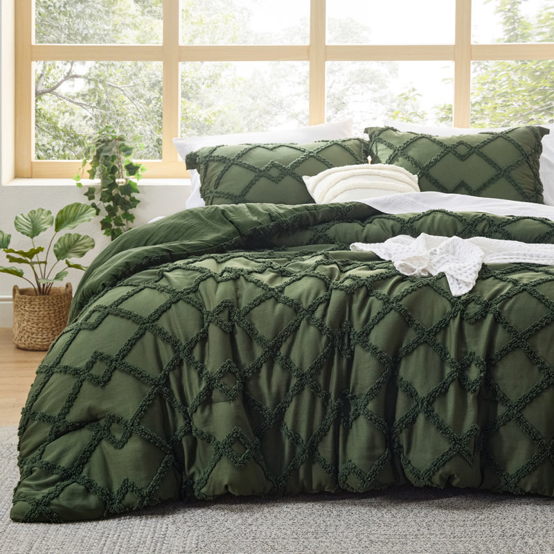 Ensemble d'édredon Literie Jacquard, King Comforter + 2 King Shams, Vert olive