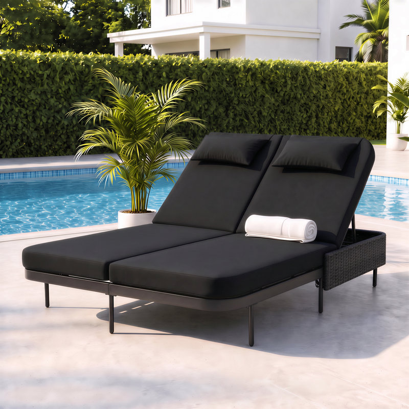 Lit de jour d'extérieur en osier pour 2 personnes, chaise longue de patio avec coussins et dossiers réglables à 6 positions