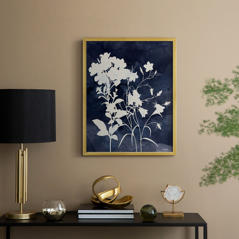 Indigo Botanical II, reproduction encadrée revisitée - bois massif, H 15 po x l 12 po, Doré