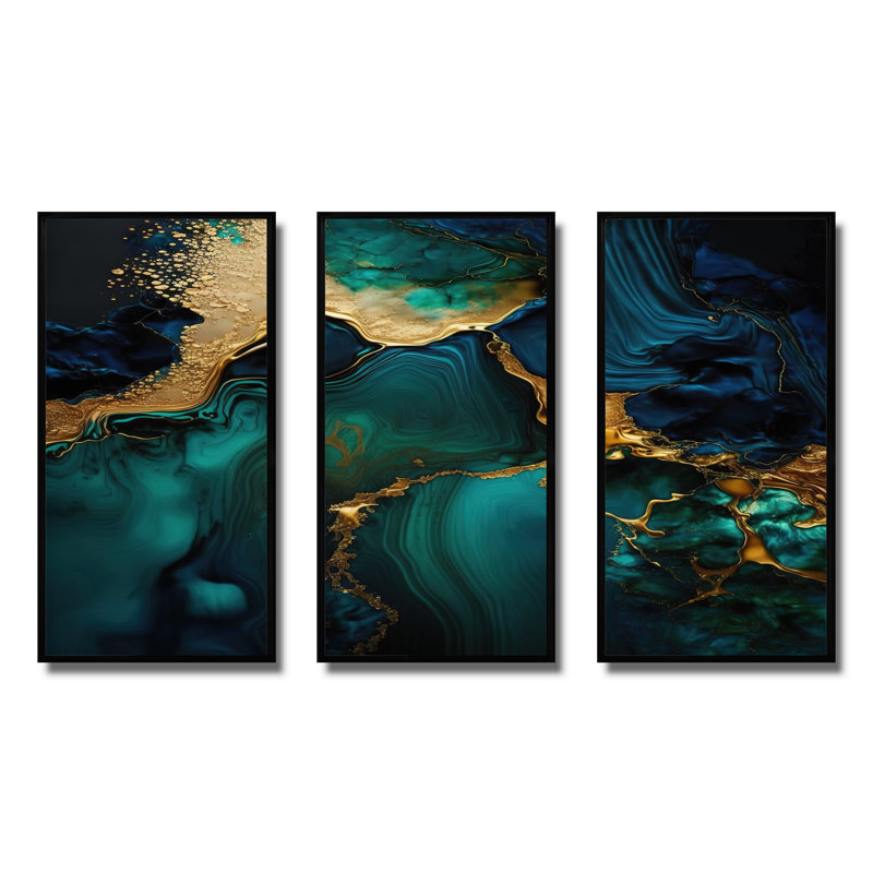Géode abstraite, marbre vert et or - reproduction sur toile 3 pièces, H 28 po x l 36 po x P 1 po, Cadre flottant noir