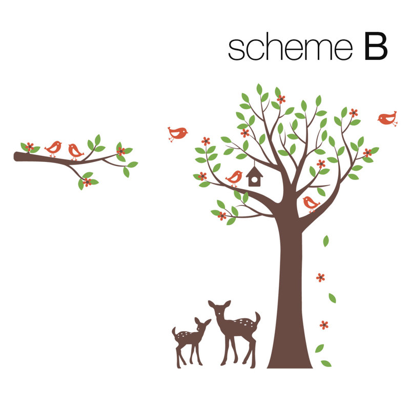 Décalcomanie murale arbre fleur avec oiseaux et cerf, H 83 po x l 54 po, Rose / Rouge