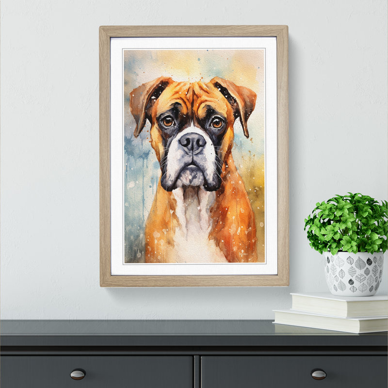 Boxer Dog Impressionism - Single Picture Frame Print on Wood, 34cm H x 25cm W x 2cm D, Oak