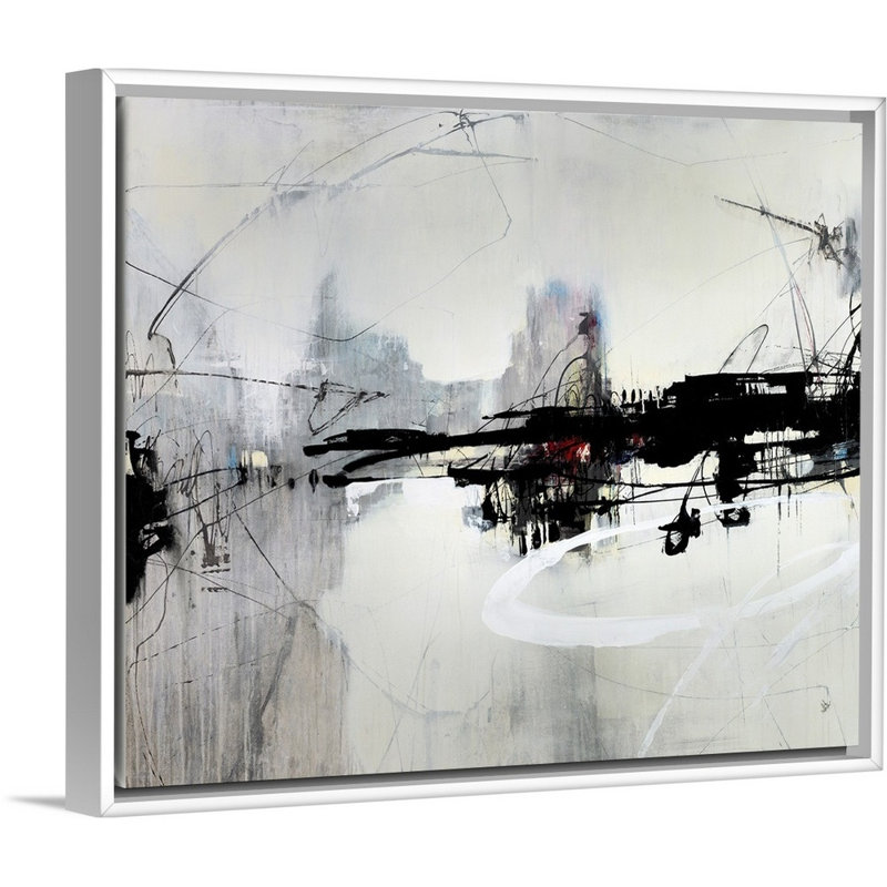 « distante harbor », peinture sur toile, H 21,7 po x l 25,7 po x p 1,75 po, Cadre flottant blanc