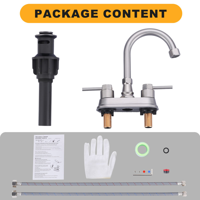 4 po Robinet pour salle de bain à poignée double à grande arche Centreset avec ensemble de drain et tuyaux d'entrée d'eau inclus en nickel brossé