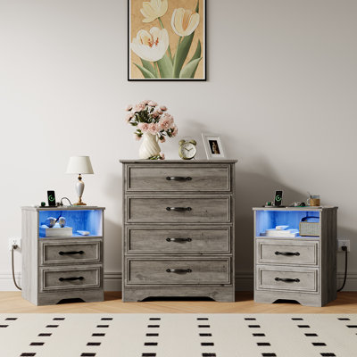  Ensemble de commode 3 pièces - commode 4 tiroirs et deux tables de chevet 2 tiroirs avec station de charge, gris délavé