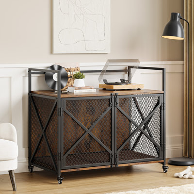 Modern Wooden Dog Crate Furniture – Heavy Duty Indoor Kennel End Table with Thick Cushion, Double Doors, 360° Lockable Wheels, Secure Latches, Durable Steel Tubes, Vintage Brown