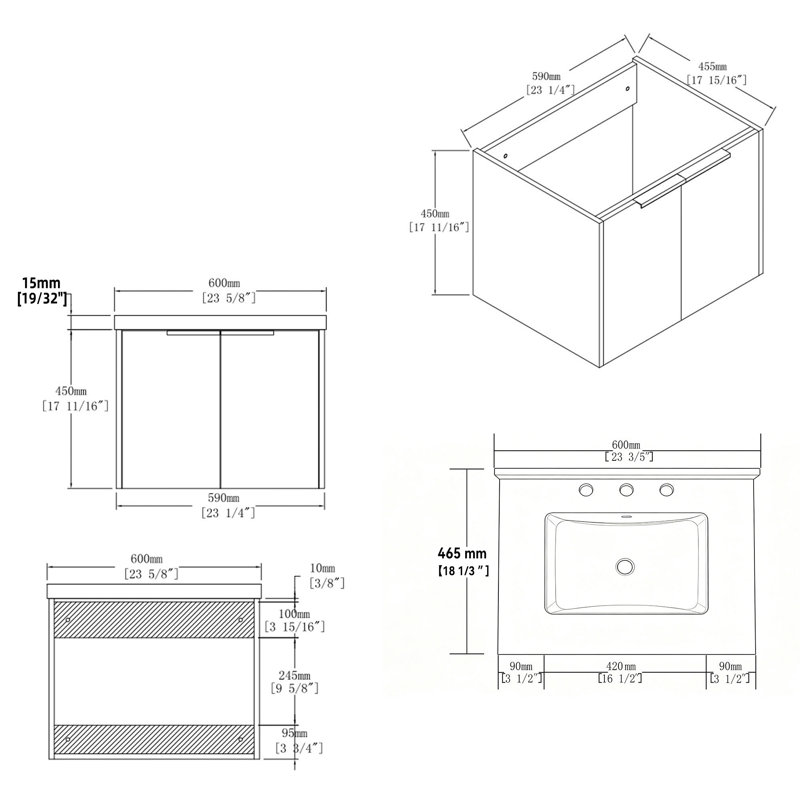 Meuble-lavabo suspendu de 61 cm (24 po) avec lavabo en céramique, portes à fermeture amortie, comptoir et dosseret en marbre reconstitué blanc granit de 1,5 cm (0,6 po), armoire en contreplaqué, gris