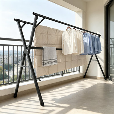 95 Inch Clothes Drying Rack, Heavy Duty Stainless Steel Folding Laundry Rack With 20 Hooks For Indoor Outdoor, Black
