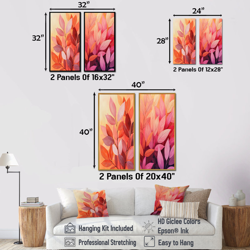 Feuilles de corail dansant de la forêt I - art mural floral 2 panneaux, H 28 po x l 25 po, Toile tendue