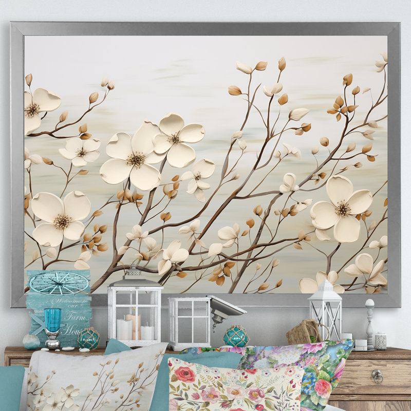 Harmonie II blanche sur cornouiller blanc sur toile, H 16 po x l 32 po x P 1 po, Cadre de coin argenté fermé