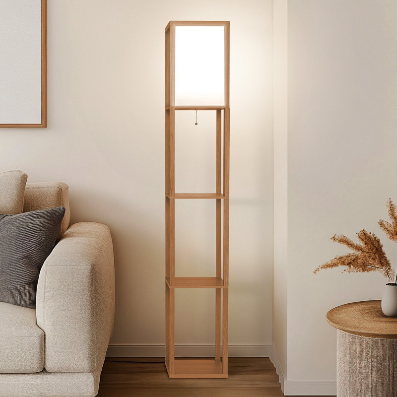 Maxwell 63 in. Modern 3-Shelf LED Floor Lamp with Fabric Square Shade, Brown