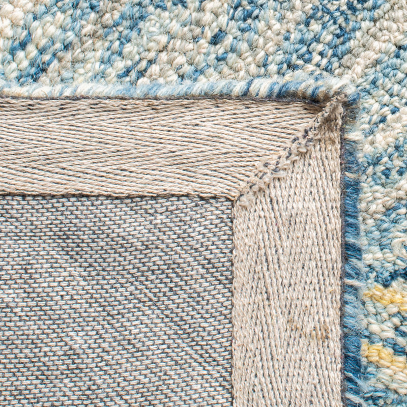 Tapis bleu / jaune en laine / coton touffeté à la main Micro-Loop, Carré 5 pi