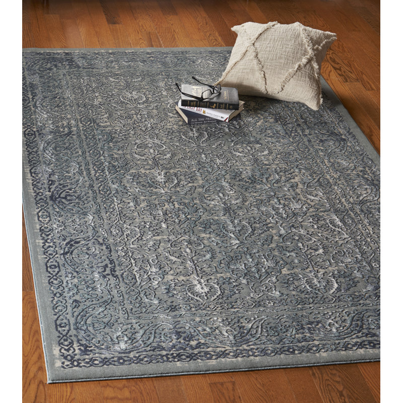 Modern Soft Damask Power-Loomed Polyester Indoor Area Rug, Runner 2'2" x 7'7", Blue/Silver