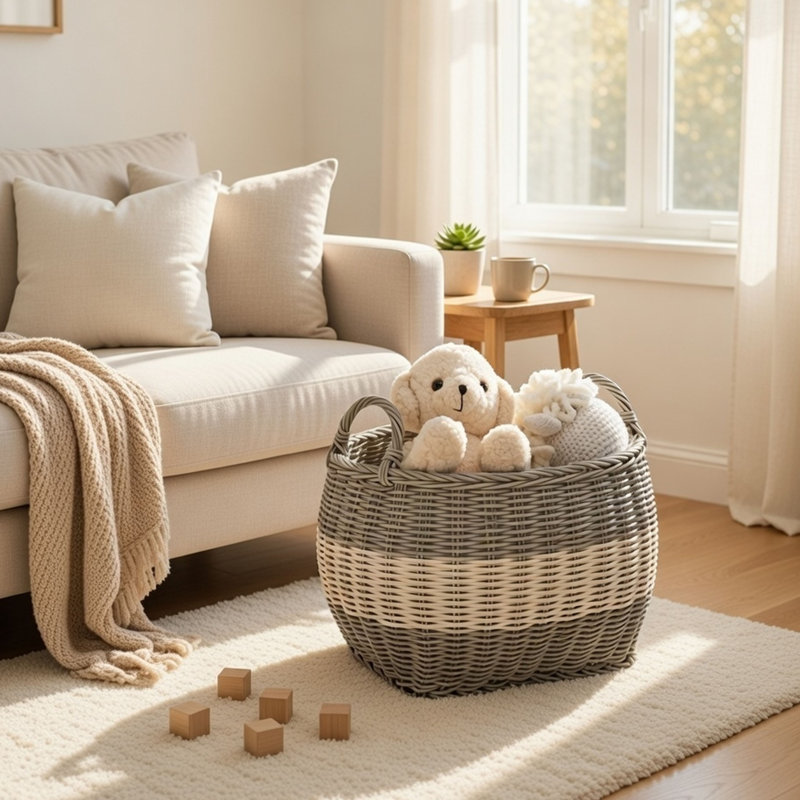 Panier de rangement Cae avec poignées, panier en osier tressé gris et crème 18 po