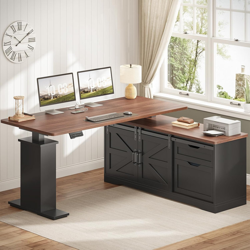 Farmhouse L Shaped Standing Desk, 55 Inch Height Adjustable Corner Desk With Storage Drawers, Standing Computer Desks With Power Outlets For Home Office