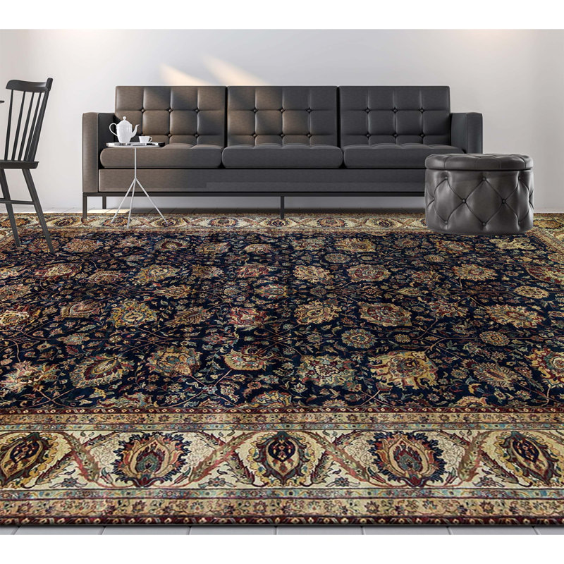 Tapis bleu et crème noué à la main de haute qualité