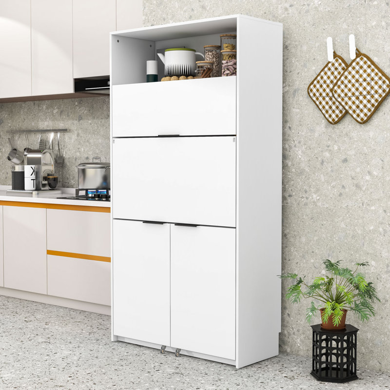Multifunctional Kitchen Pantry Buffet with Storage,  Drop-Down Desk, White